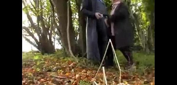  Mature sucks a guy while walking in the forest